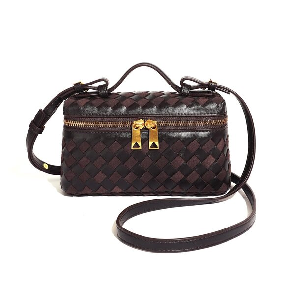 Handbags - Small Square Box Crossbody Bag with Top Handle, Vegan Leather & Suede